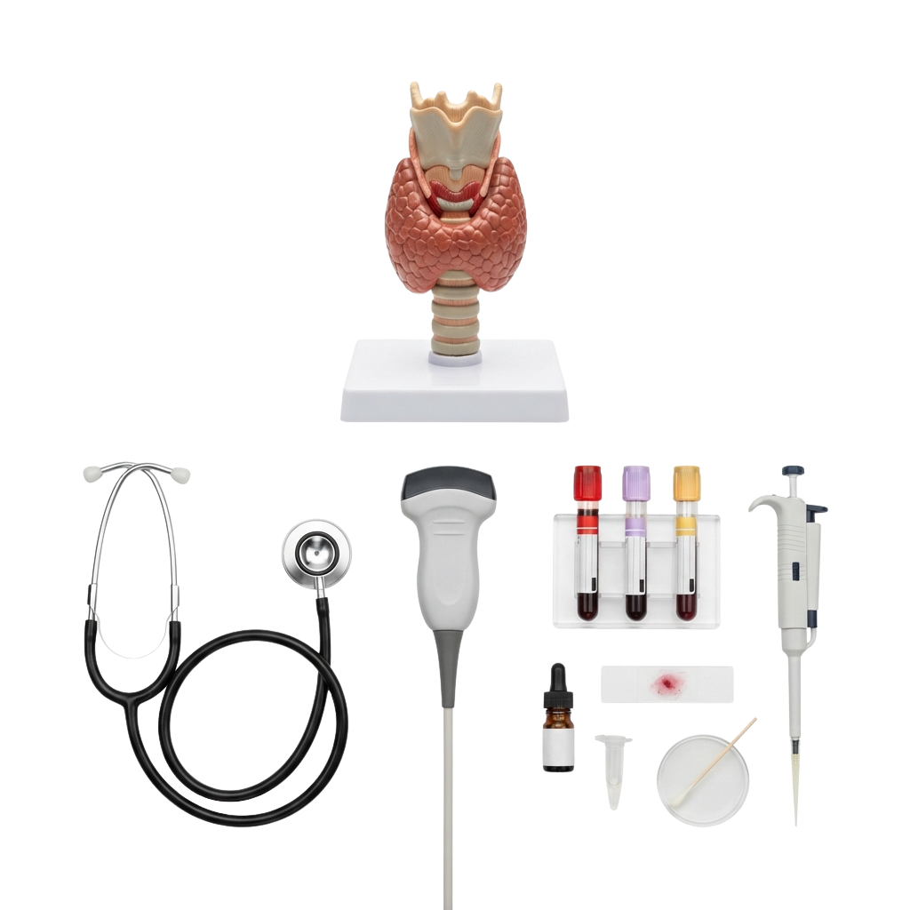 Medical model of female reproductive organs with ultrasound device, stethoscope, test tubes, pipette, and other medical tools