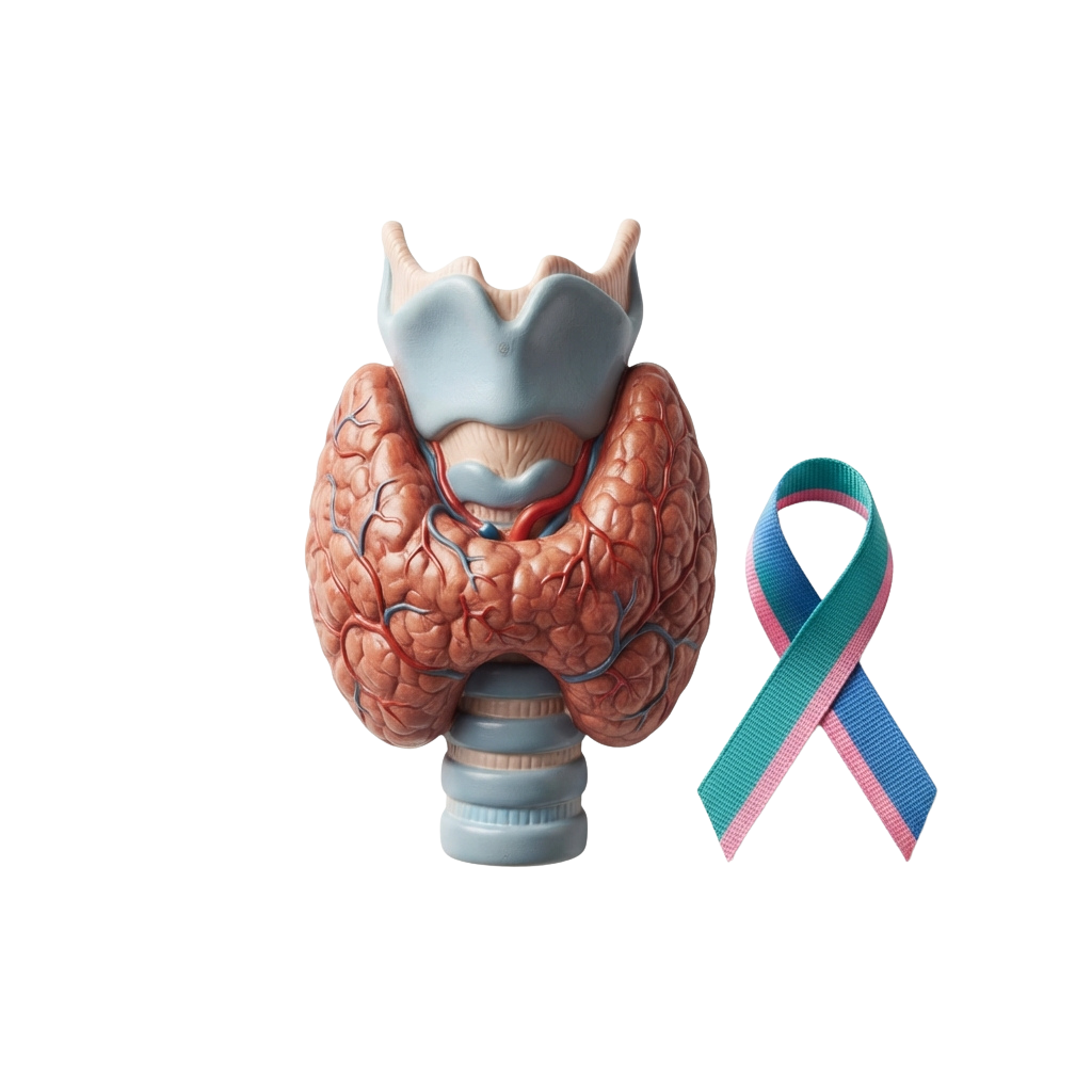 Illustration of a human brain with a tumor and a turquoise, pink, and blue awareness ribbon