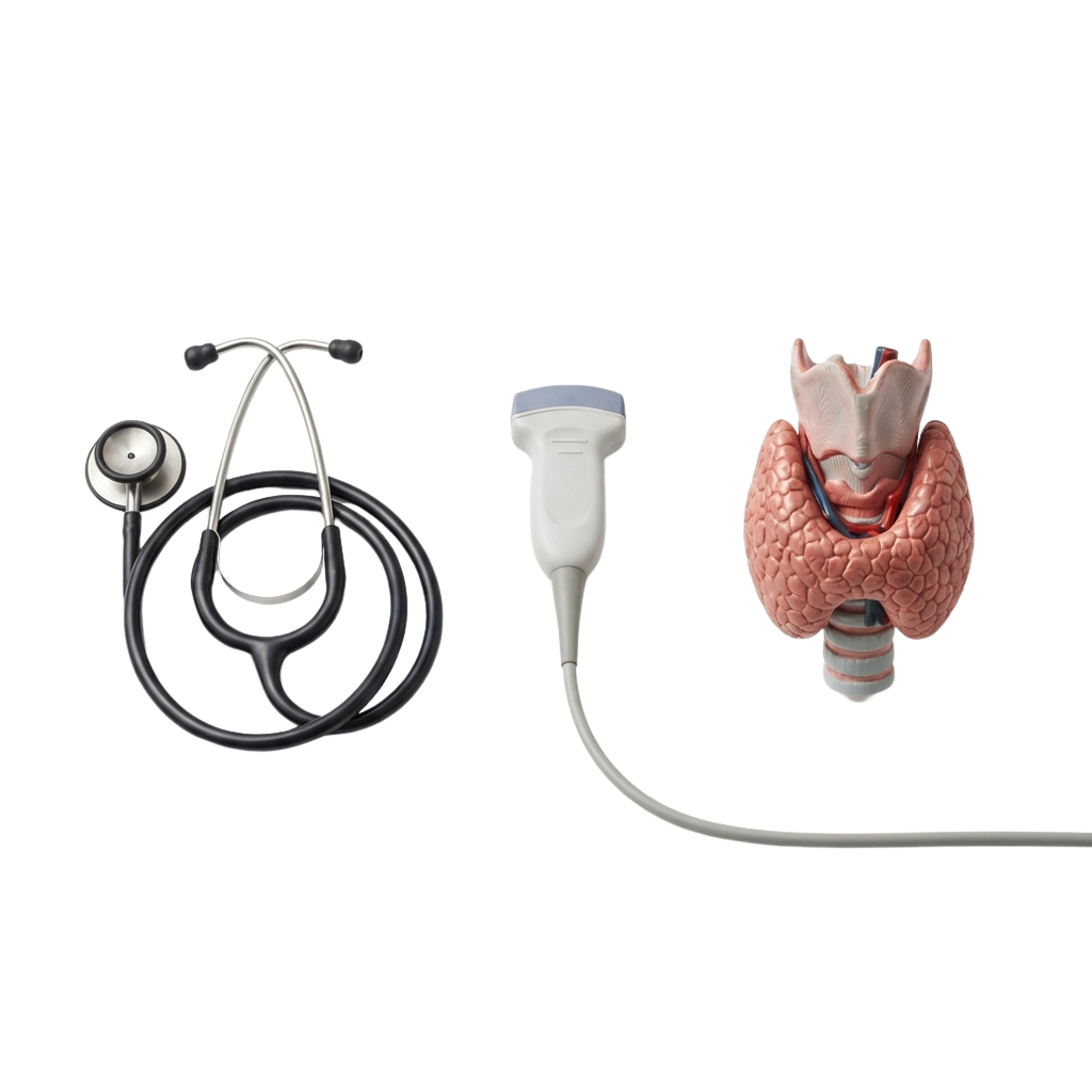 Medical tools including a stethoscope, ultrasound probe, and a diagram of the pancreas.