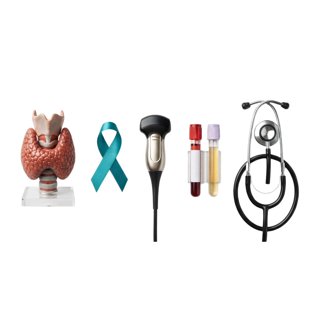 Liver model, awareness ribbon, ultrasound device, blood vials, and stethoscope on black background
