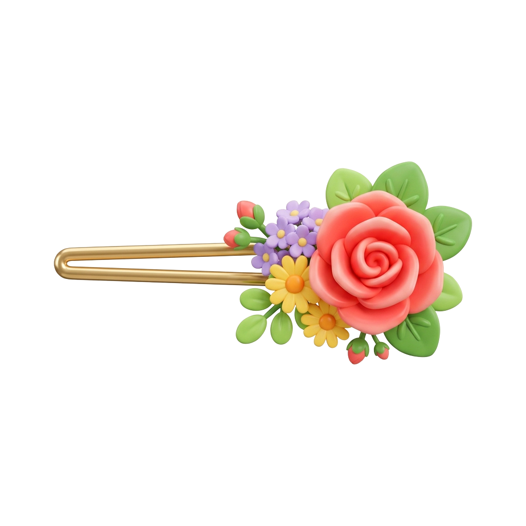 A gold hair clip adorned with a pink rose, purple flowers, yellow blossoms, and green leaves