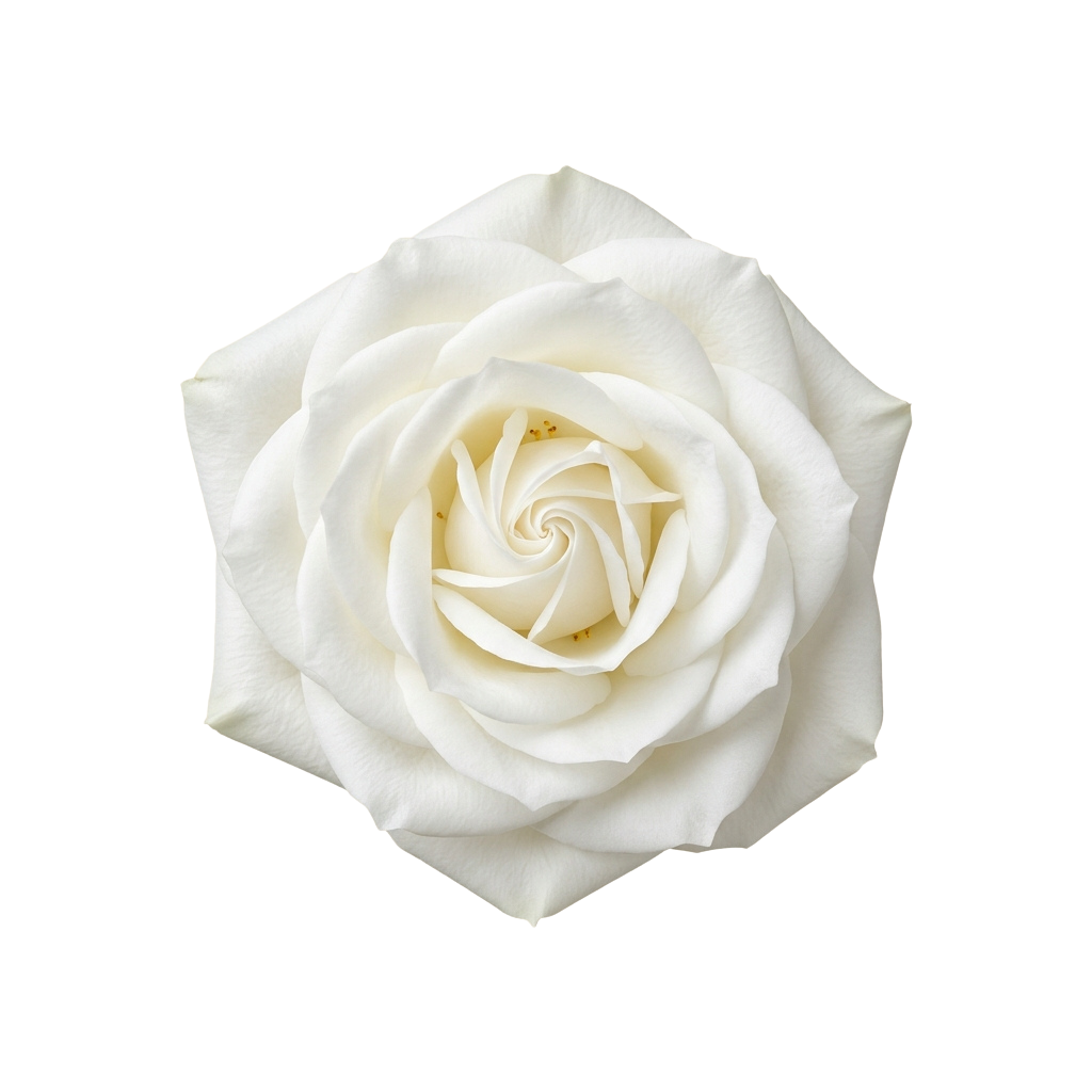 Close-up of a fully bloomed white rose with soft petals and a yellow center