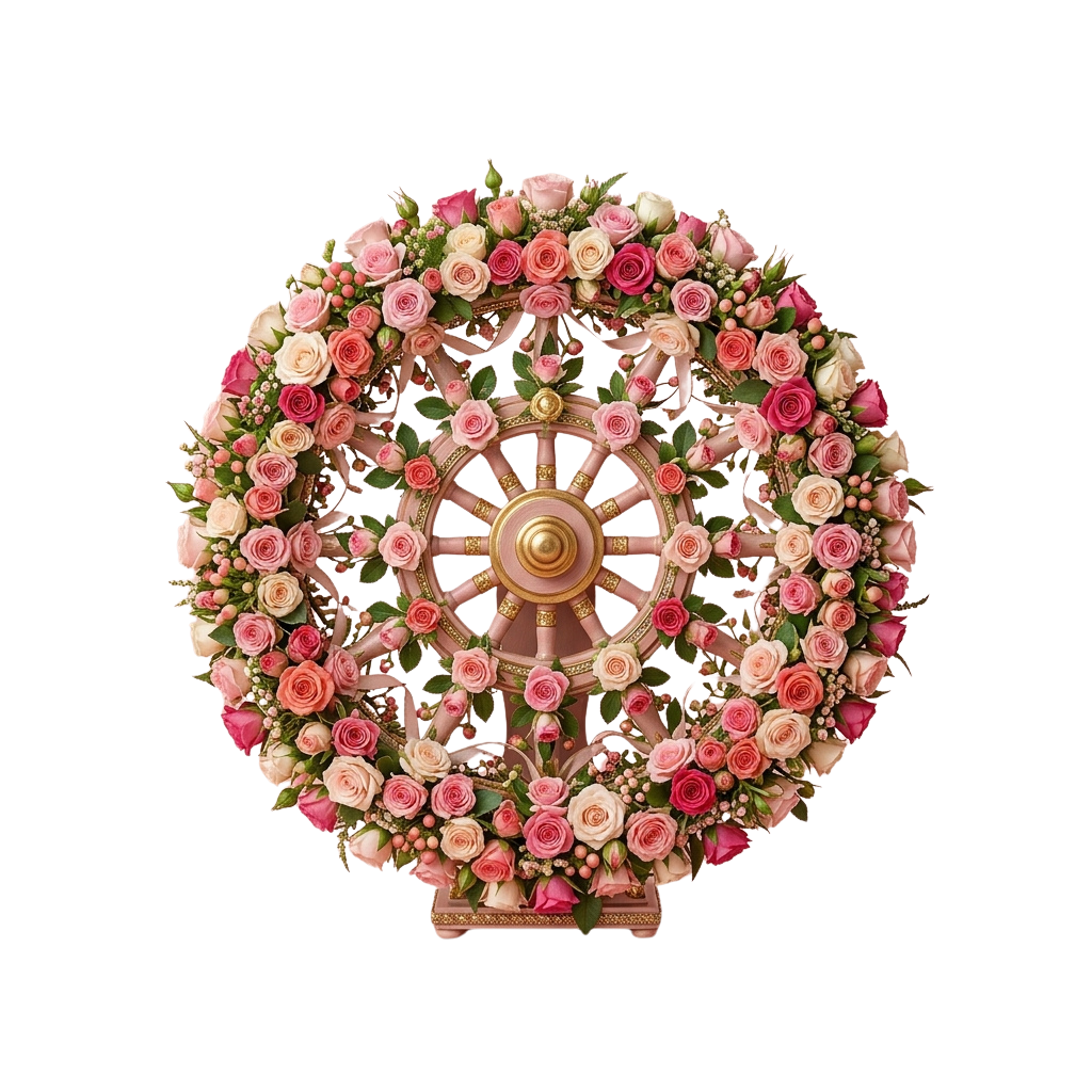 Decorative floral wheel wreath made of pink and white roses and greenery