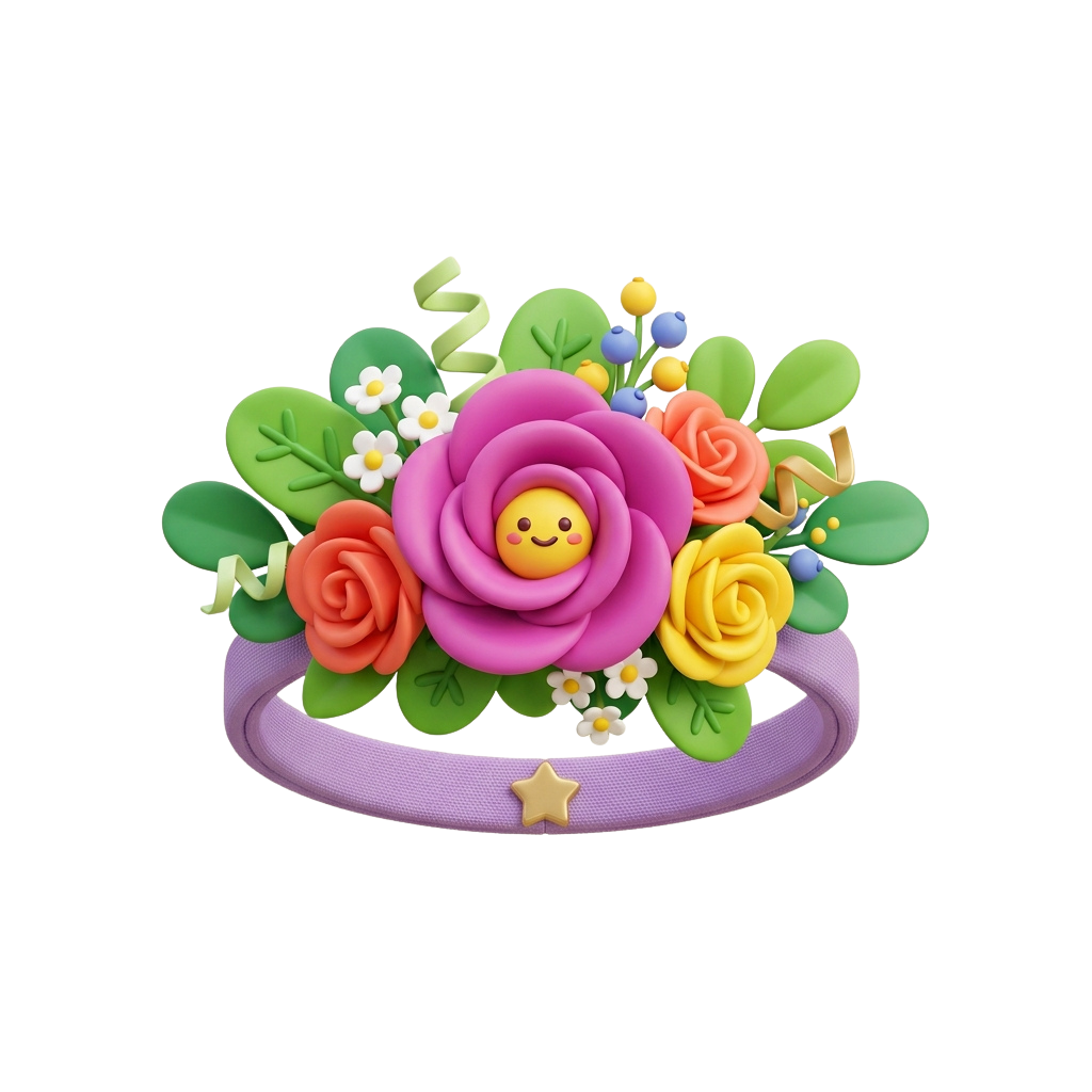 Colorful headband adorned with flowers, leaves, and a smiling emoji rose in the center