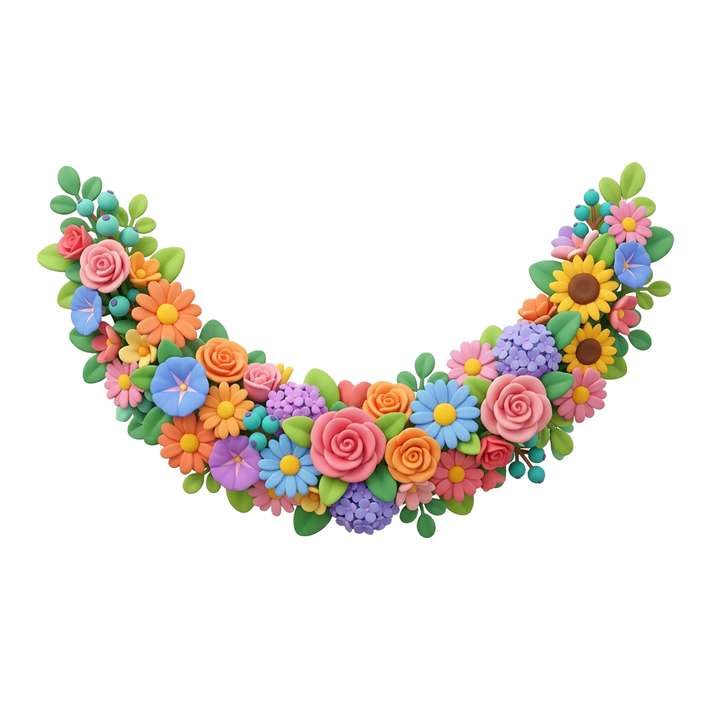 A vibrant wreath made of colorful artificial flowers and green leaves arranged in a semicircle