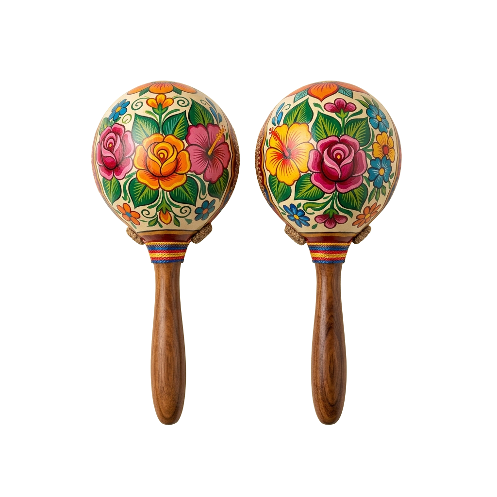 Two intricately painted wooden maracas featuring vibrant floral patterns and colorful roses