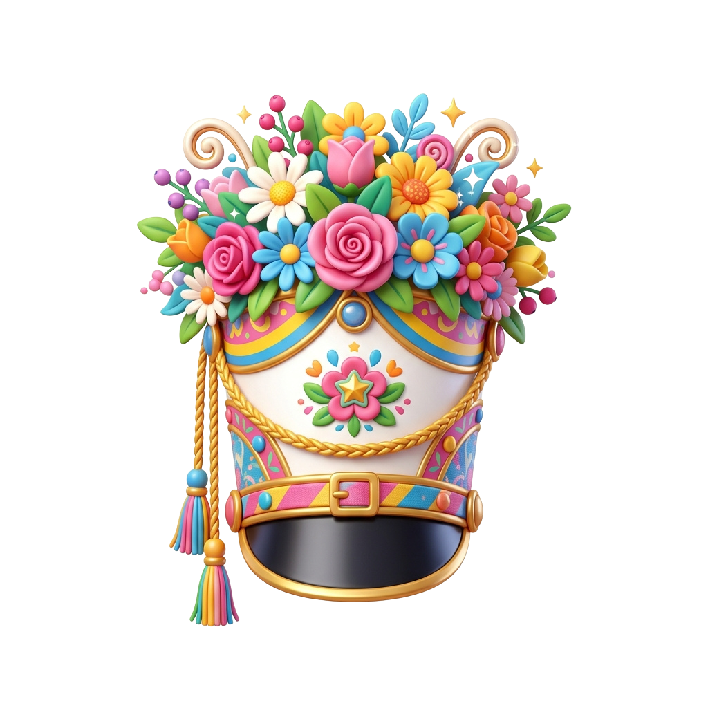 A graduation cap adorned with colorful flowers and decorative patterns, featuring a bright floral arrangement on top and a tassel hanging from the side.