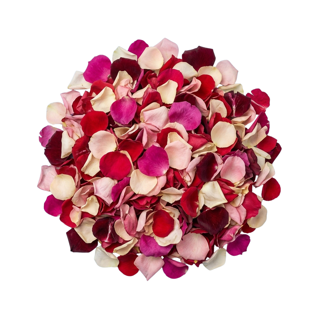 A round cluster of assorted rose petals in red, pink, and cream colors