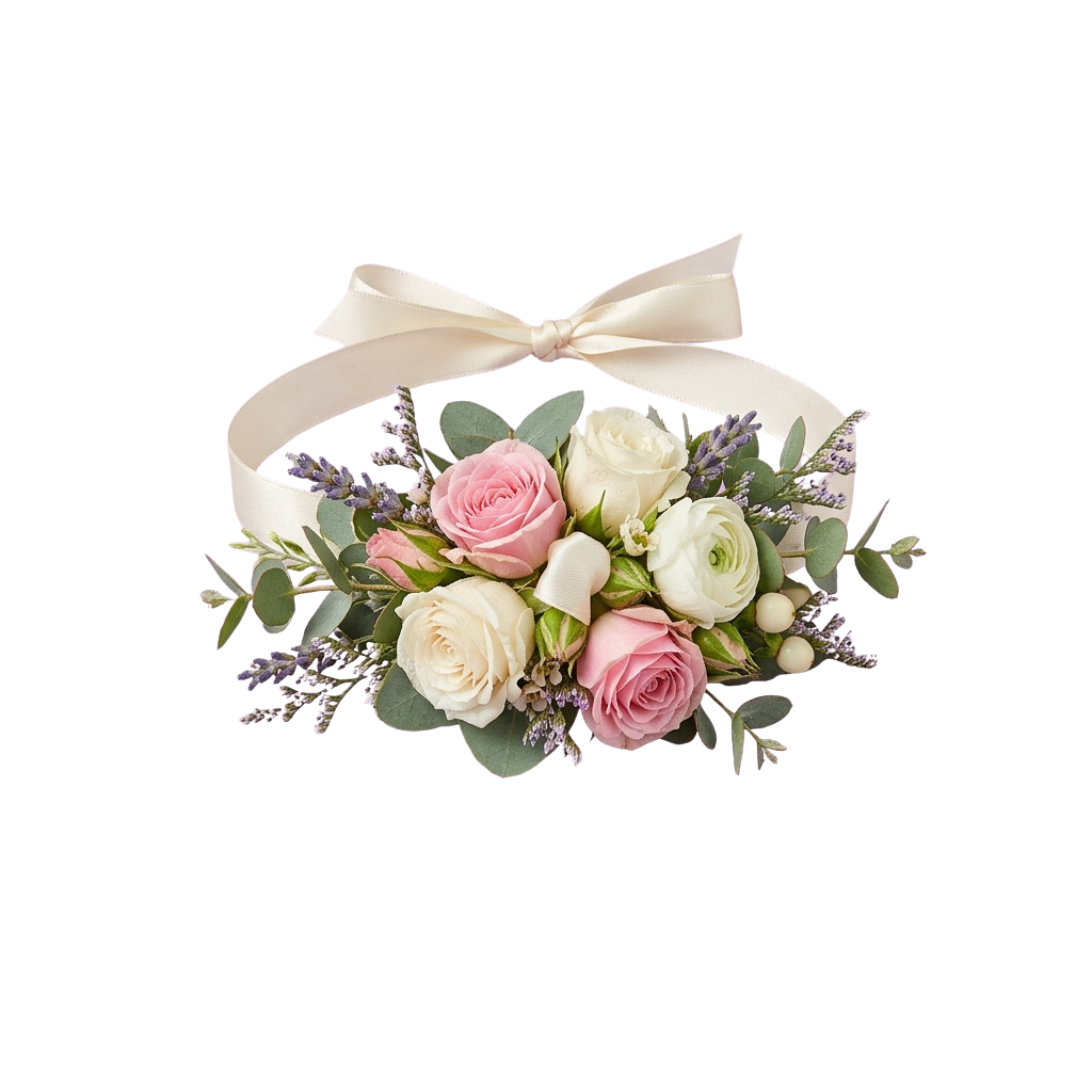 A delicate wrist bouquet featuring pink and white roses, greenery, and a cream ribbon bow