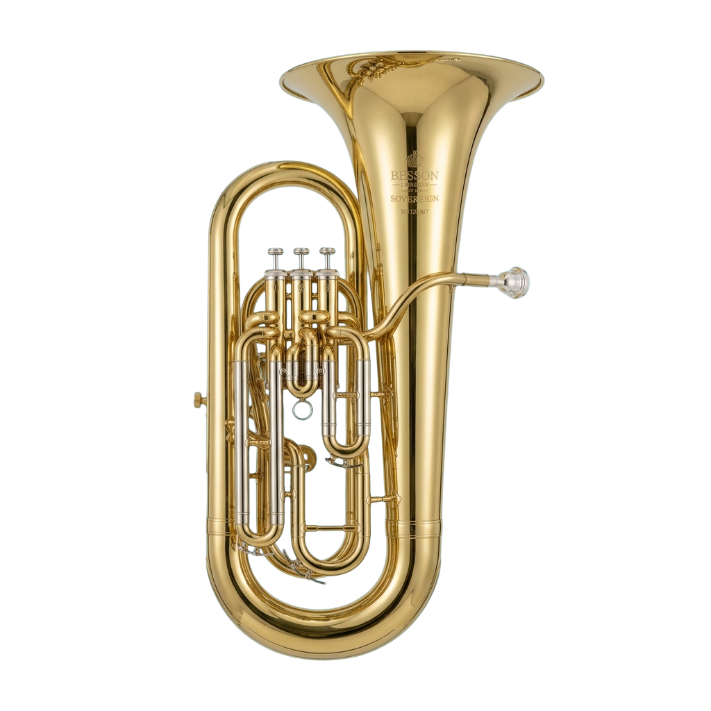 A polished gold euphonium with three valves and a curved bell against a black background