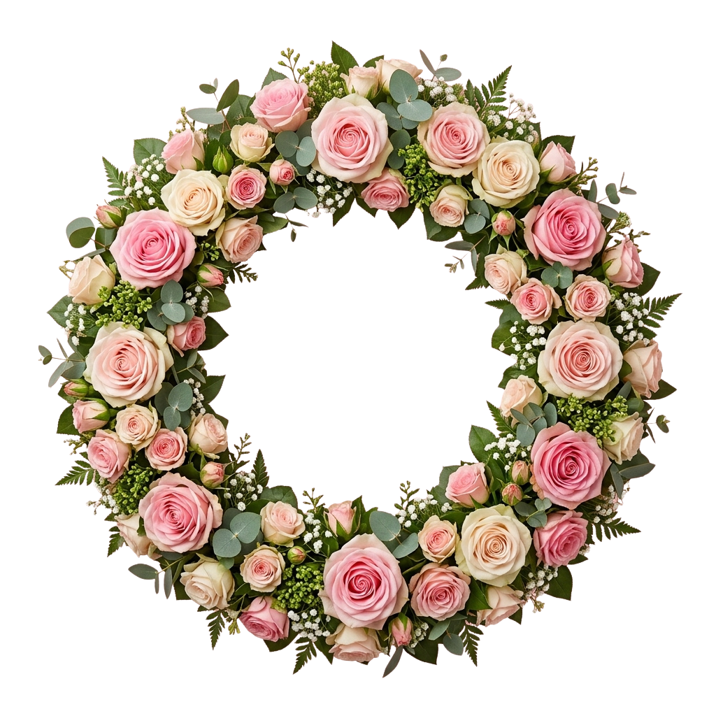 Beautiful floral wreath made of pink and white roses with green foliage and white baby's breath