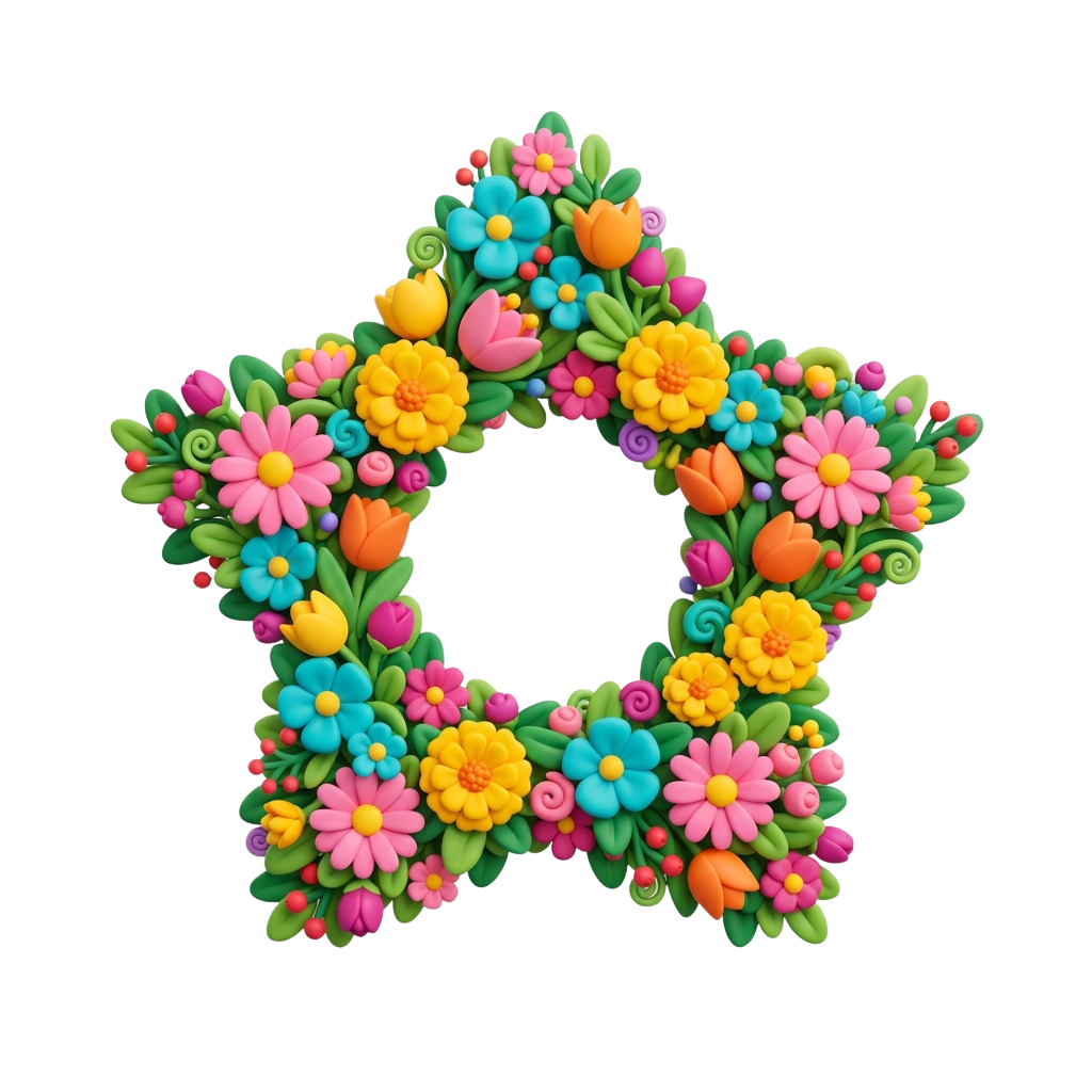 A star-shaped decoration made of colorful polymer clay flowers and leaves