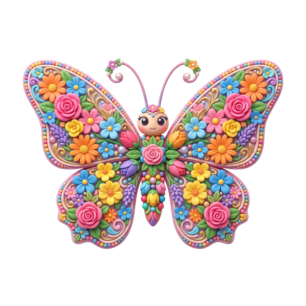 Decorative butterfly with floral wings and a smiling face, featuring vibrant colors and intricate designs