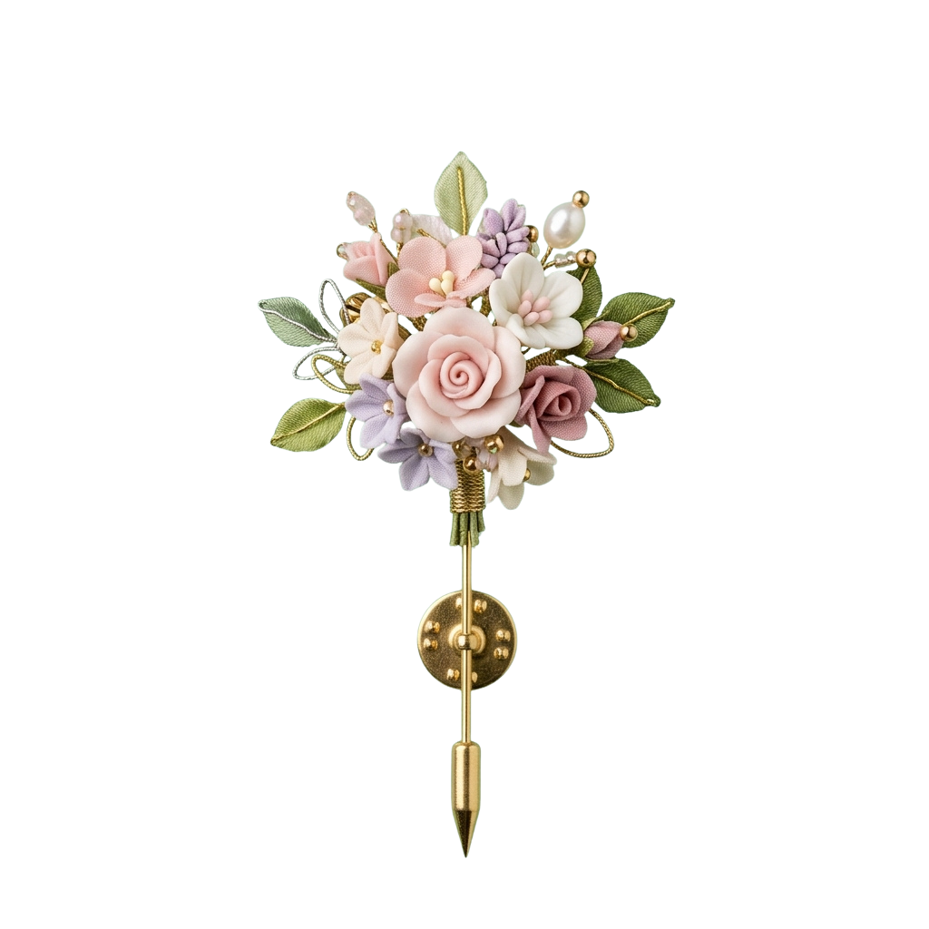 Decorative brooch featuring pink roses, green leaves, and small pearls on a gold pin