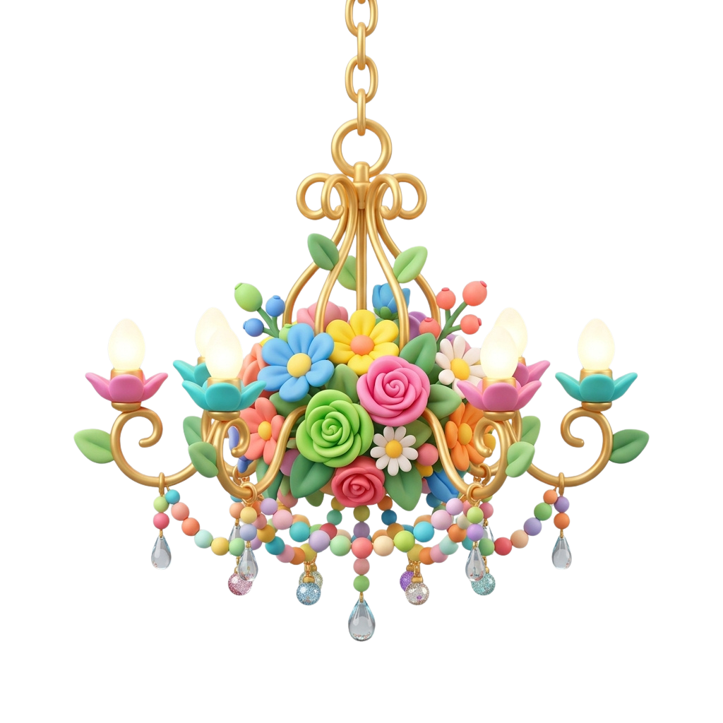 A decorative chandelier featuring floral designs, colorful beads, and candle-style light bulbs on a gold frame.