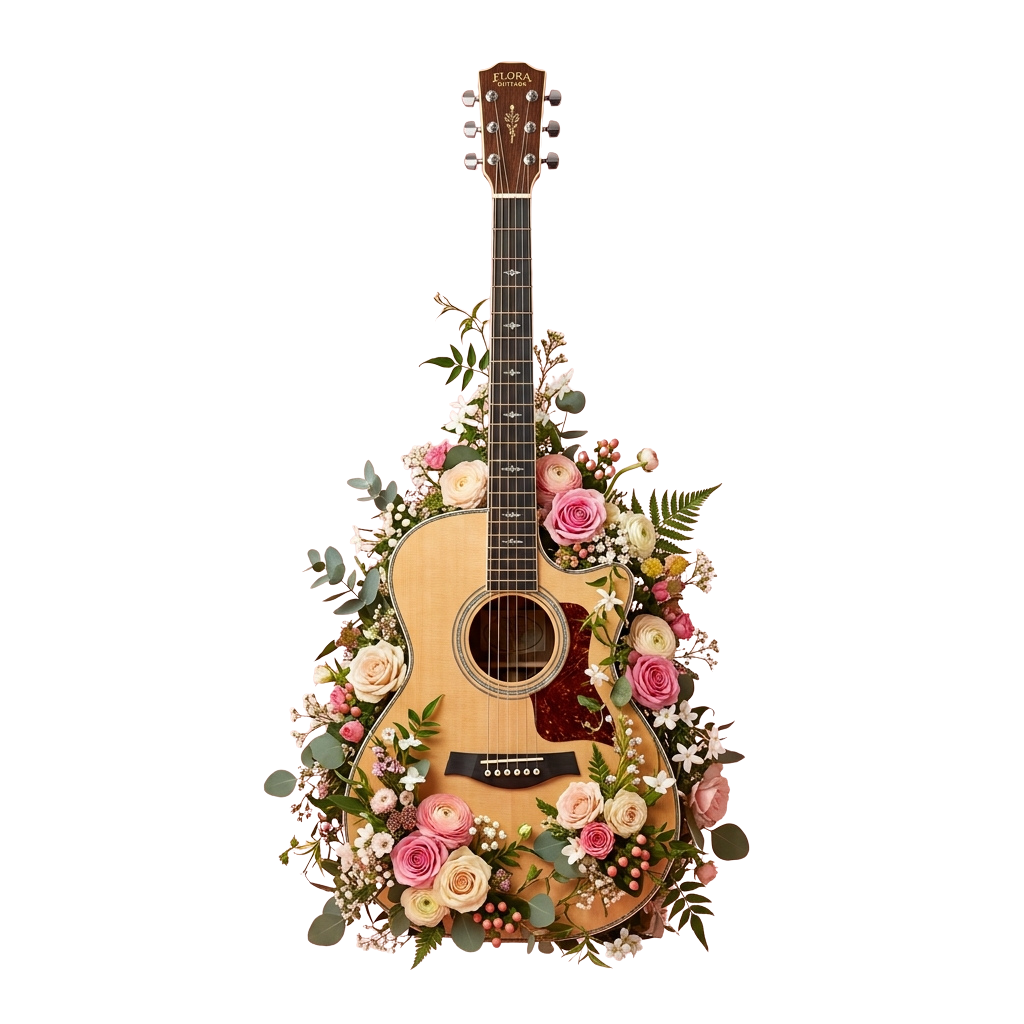 An acoustic guitar adorned with colorful flowers and greenery against a black background