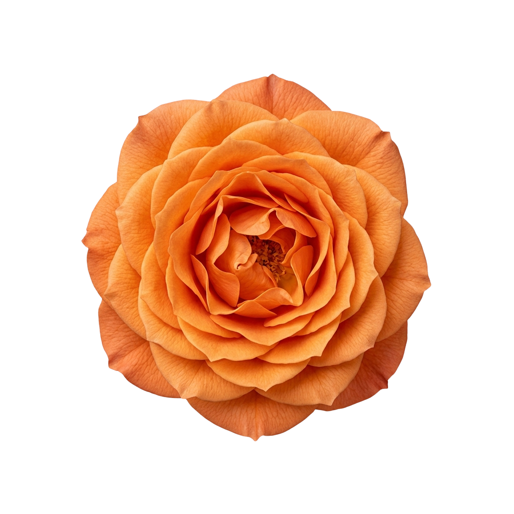 Close-up of a fully bloomed orange rose with soft petals and a dark center