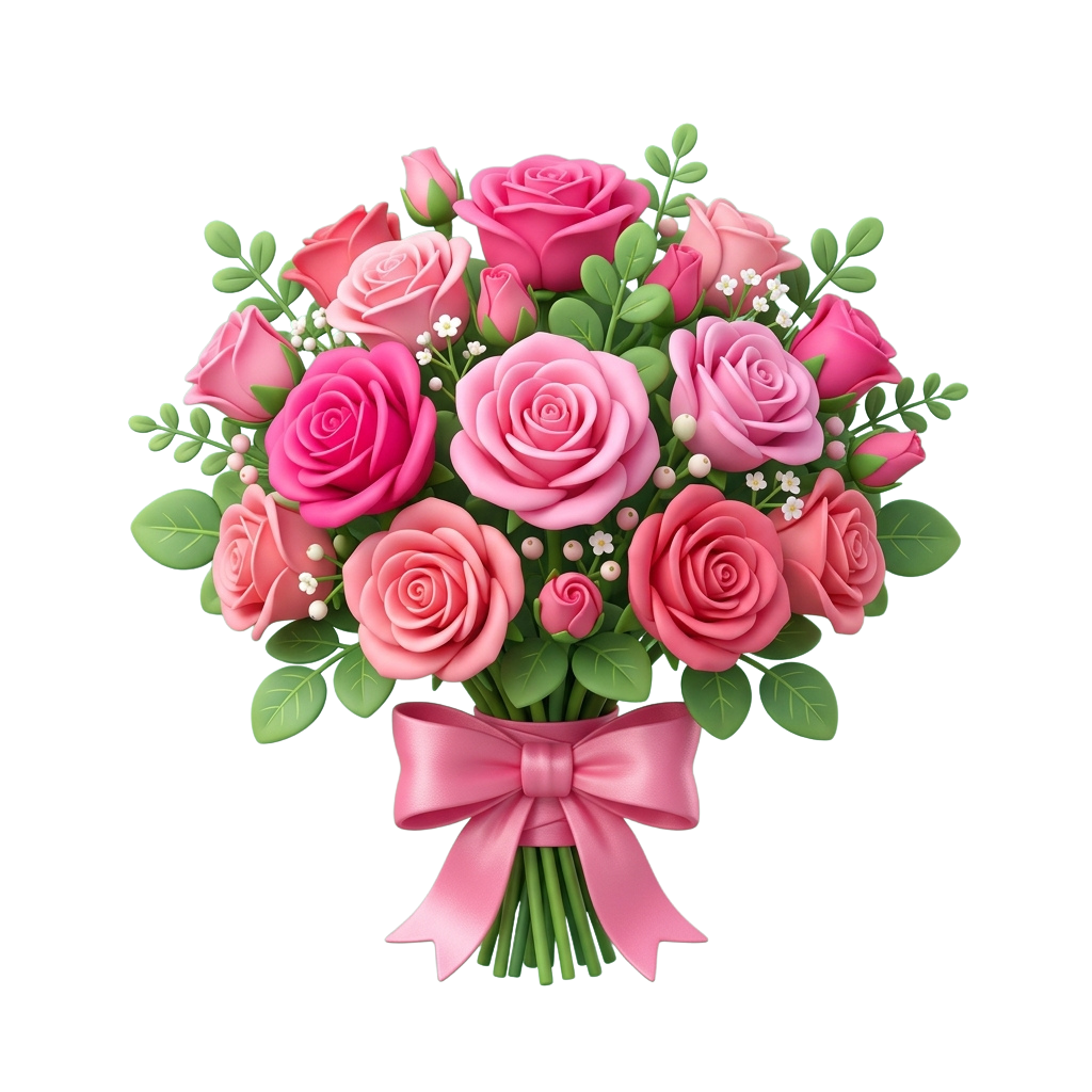 A bouquet of pink roses tied with a pink ribbon, surrounded by green leaves and small white flowers