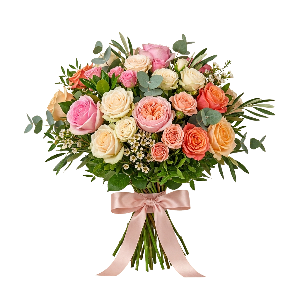 A beautifully arranged bouquet of pastel roses in soft pinks, peach, and cream with green foliage and a light pink ribbon.