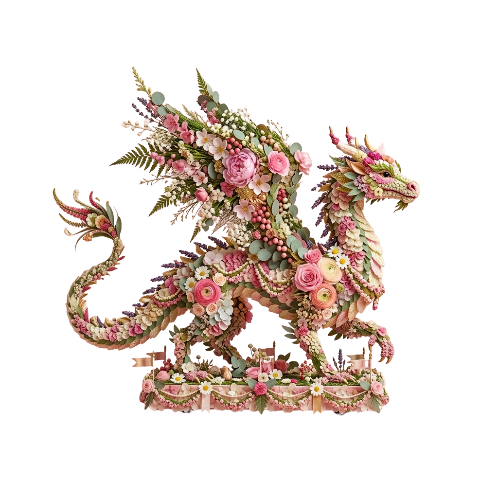 A detailed fantasy dragon sculpture made entirely of flowers and greenery, standing on a decorative base with floral elements.