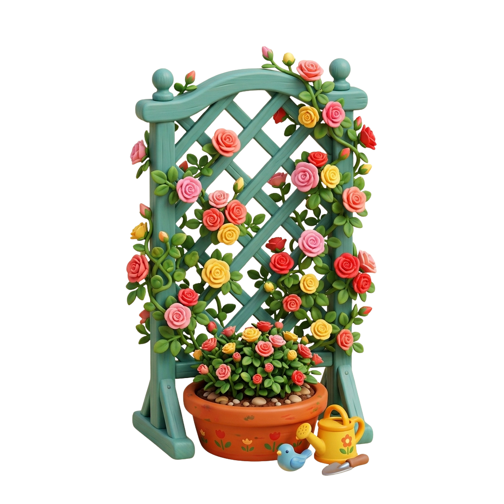 A decorative miniature trellis covered in pink and yellow roses, a flower pot, and a watering can with a small bird figure
