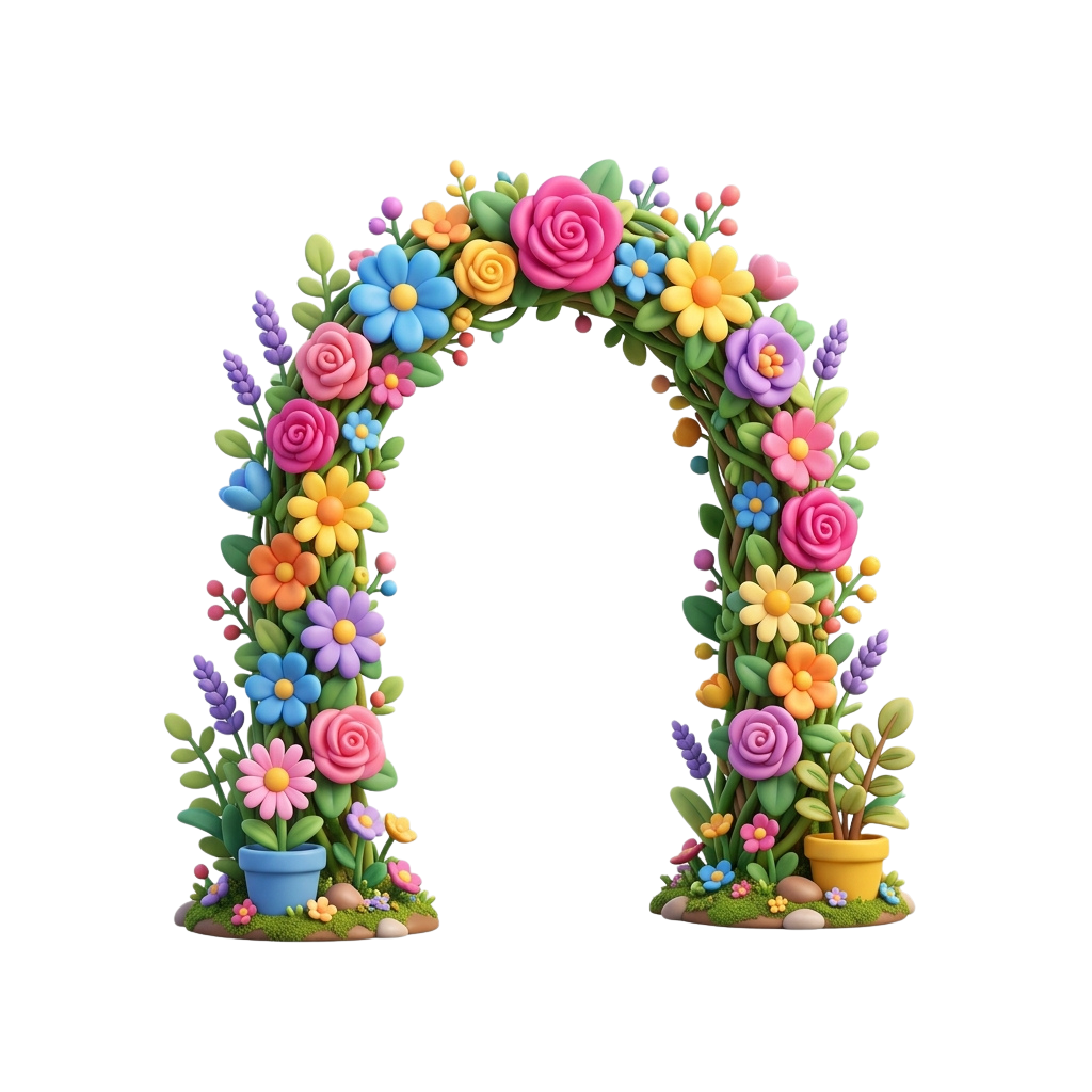 A decorative arch made of vibrant flowers and greenery forming the letter L, with flower pots at the base
