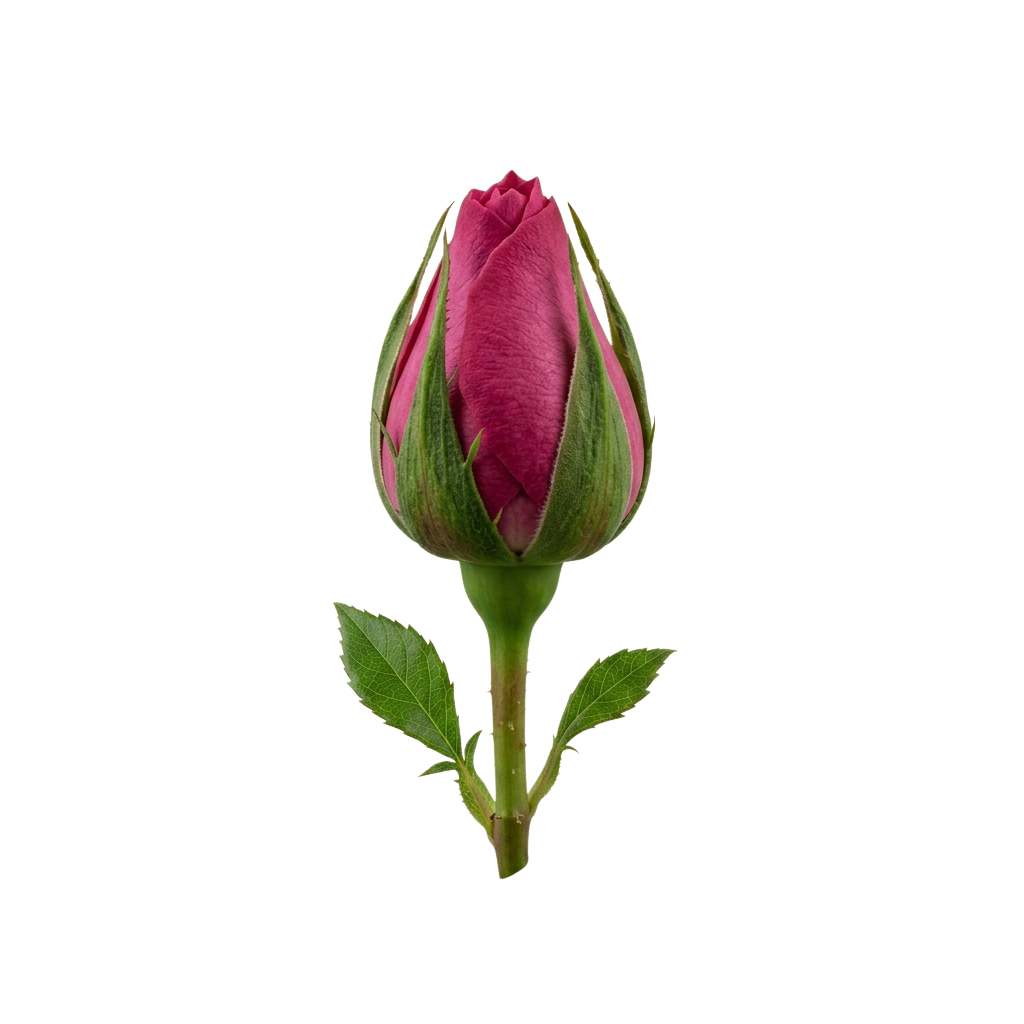 A close-up of a pink rosebud with green stem and leaves against a black background