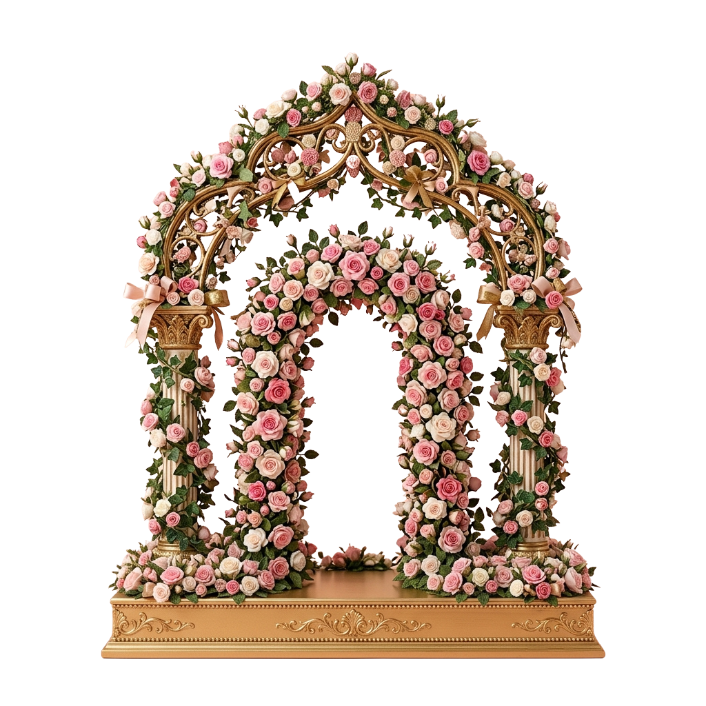 A decorative floral arch made of roses, greenery, and gold accents on a pedestal.