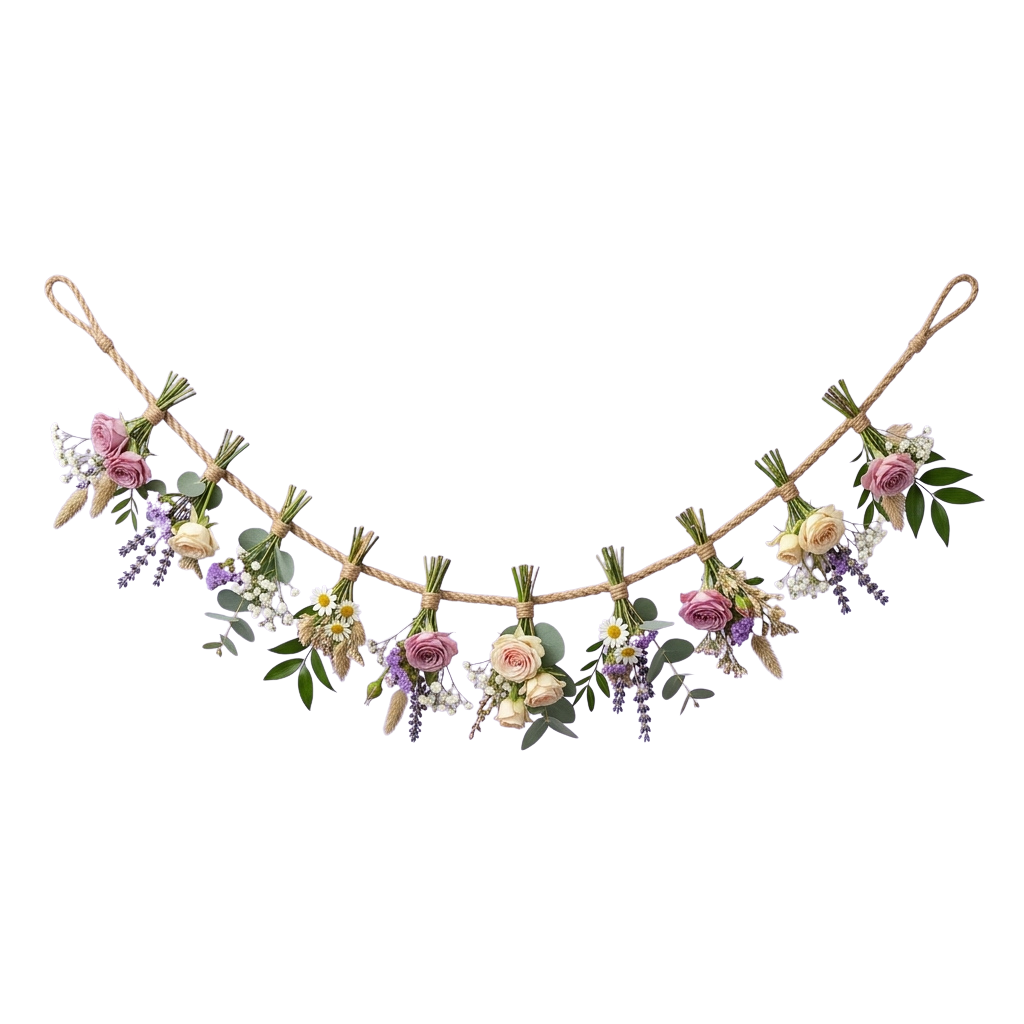 A decorative floral headband featuring roses, lavender, and greenery on a twine base