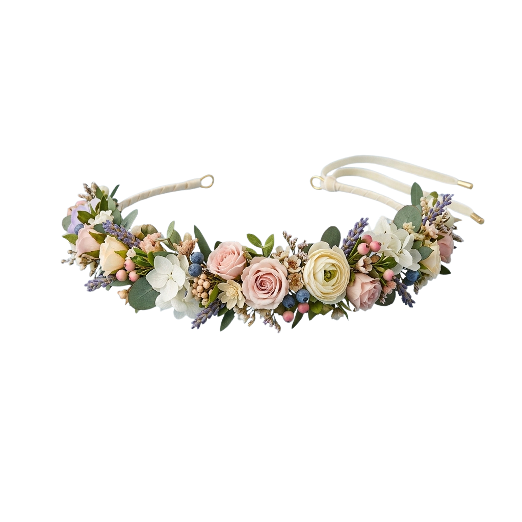 A decorative floral headband featuring roses, greenery, and small flowers on a white base.