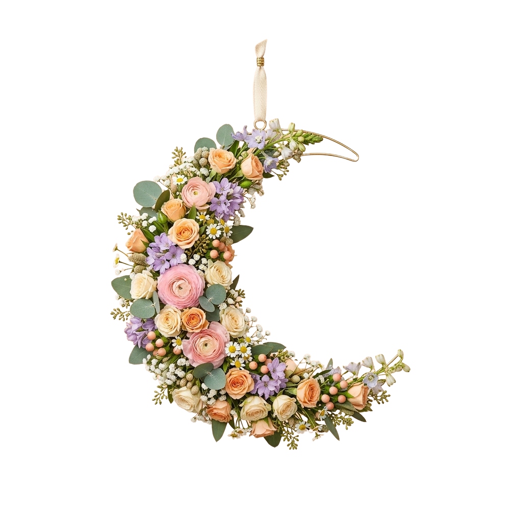 A decorative crescent moon shape adorned with pastel roses, greenery, and small flowers hanging against a dark background