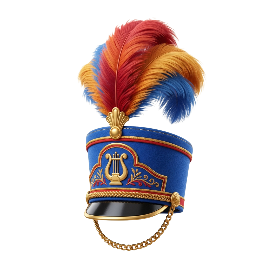 A blue military dress hat with gold embellishments and a colorful red, blue, and yellow feather plume.