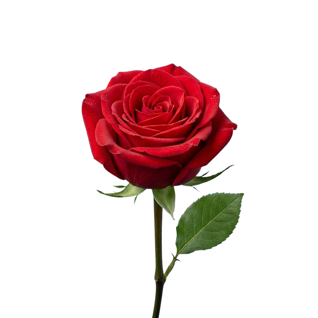 A close-up image of a single vibrant red rose with green leaves and stem