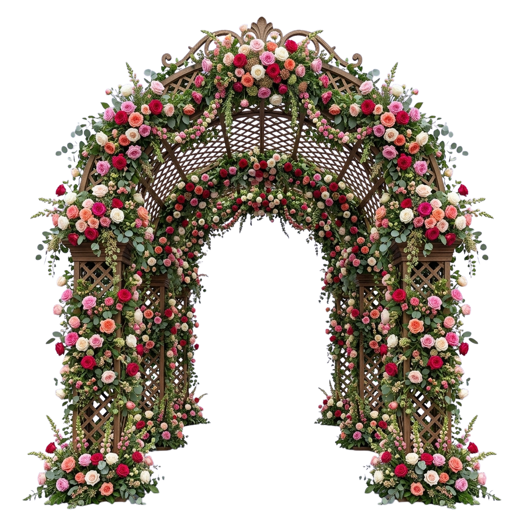 Decorative floral archway covered in roses and greenery, forming a romantic entrance structure