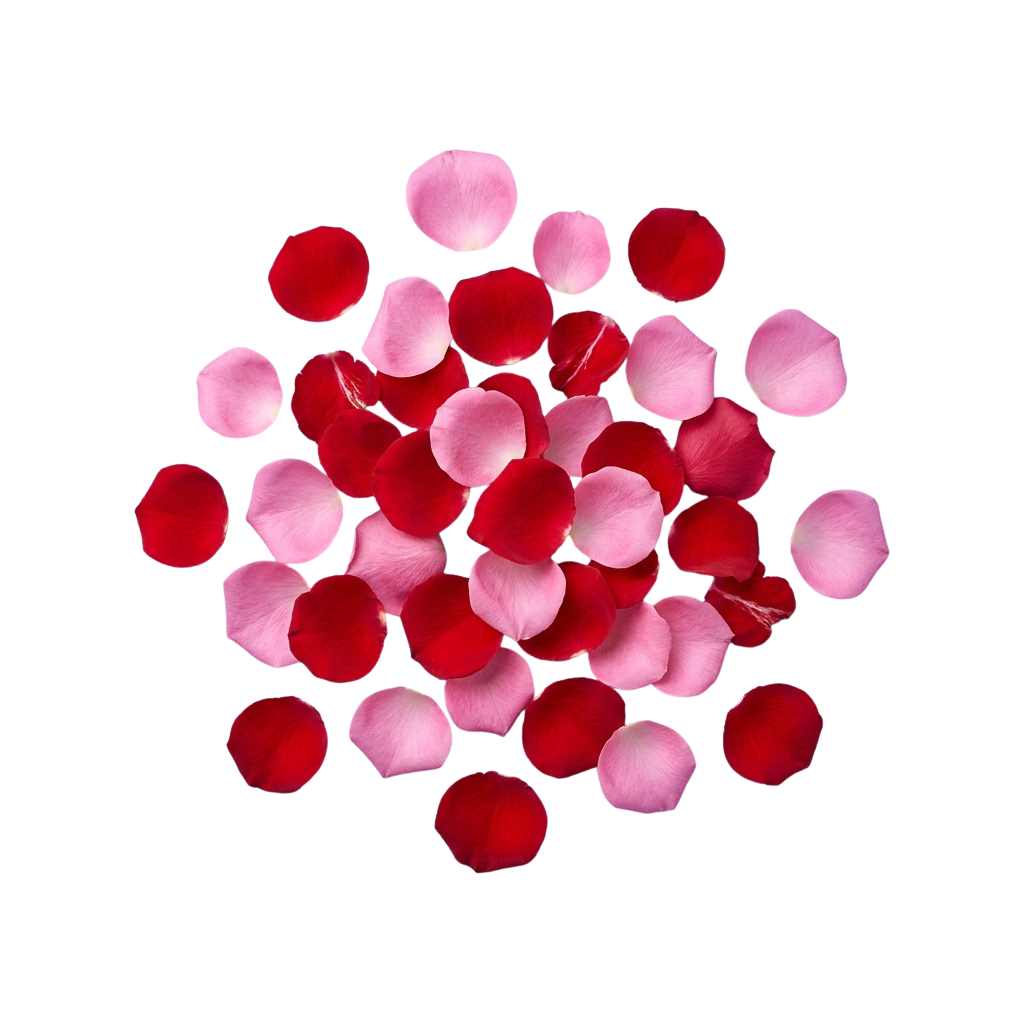 Scattered red and light pink rose petals on a dark background