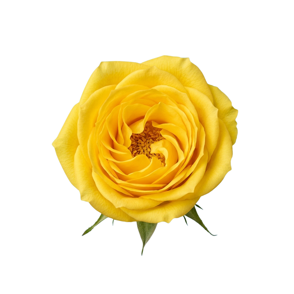 A close-up image of a fully bloomed yellow rose with a rich center and green stem