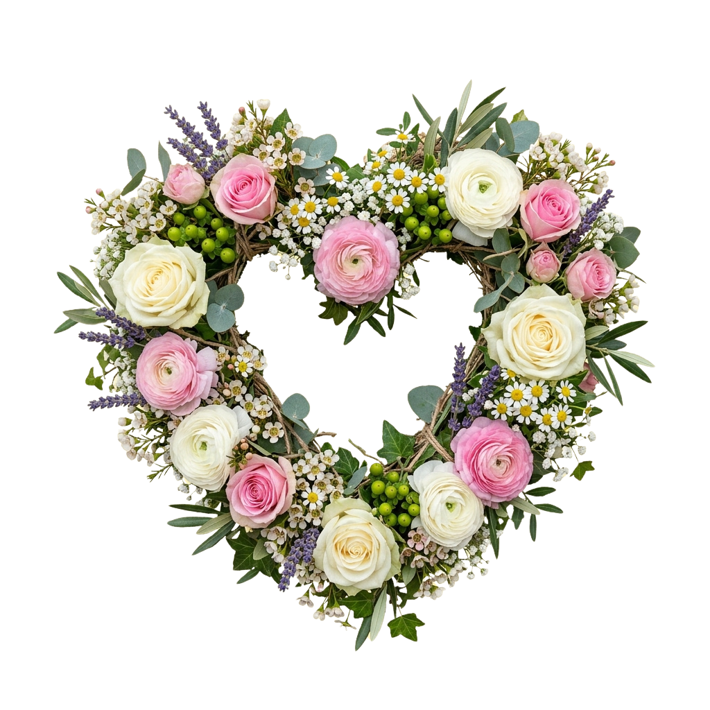 A heart-shaped floral wreath made of white and pink roses, greenery, and small flowers.