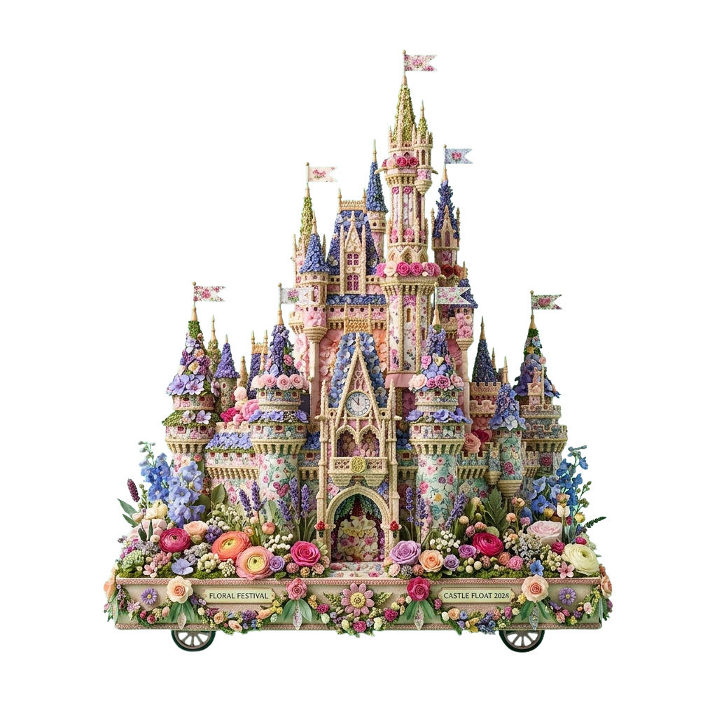 Detailed model of a whimsical castle float adorned with colorful flowers and greenery, labeled Floral Festival Castle Float 2024