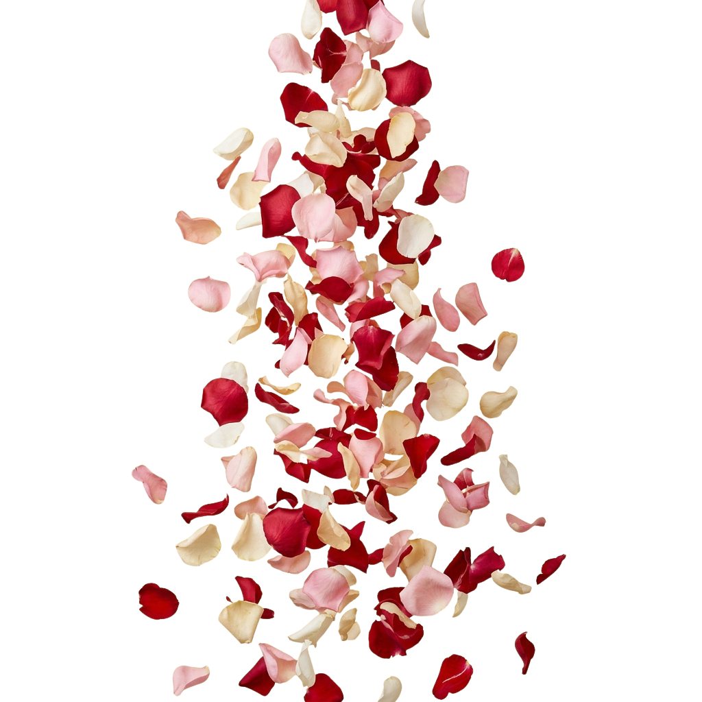 A cluster of red and cream-colored rose petals scattered against a black background