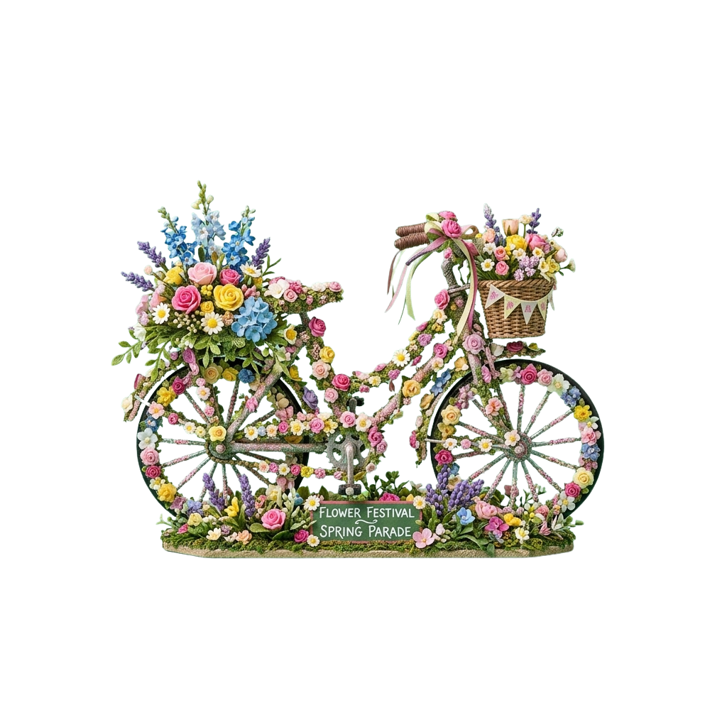 Decorative paper cutout of a bicycle adorned with colorful flowers and greenery, labeled Flower Festival Spring Parade