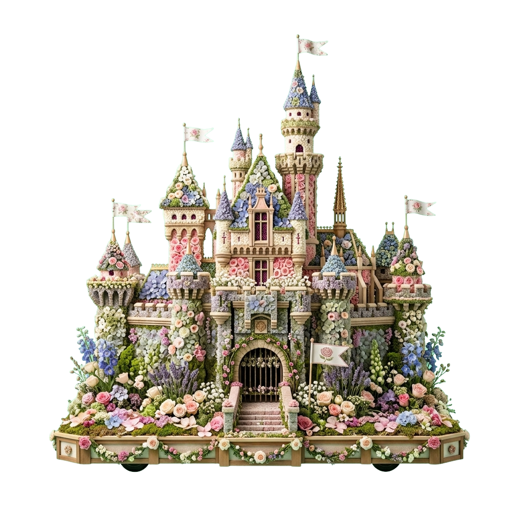 Detailed fantasy castle cake adorned with flowers, greenery, and small flags on towers.