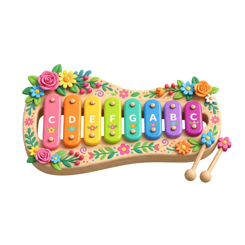 A decorative toy keyboard with colorful keys labeled C to C and floral patterns on a light wooden base