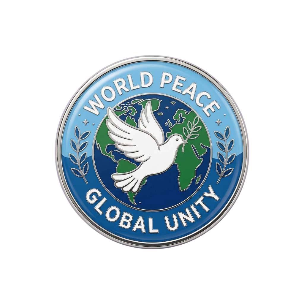 A round emblem featuring a white dove perched on a blue globe, surrounded by green laurel branches, with the text World Peace and Global Unity