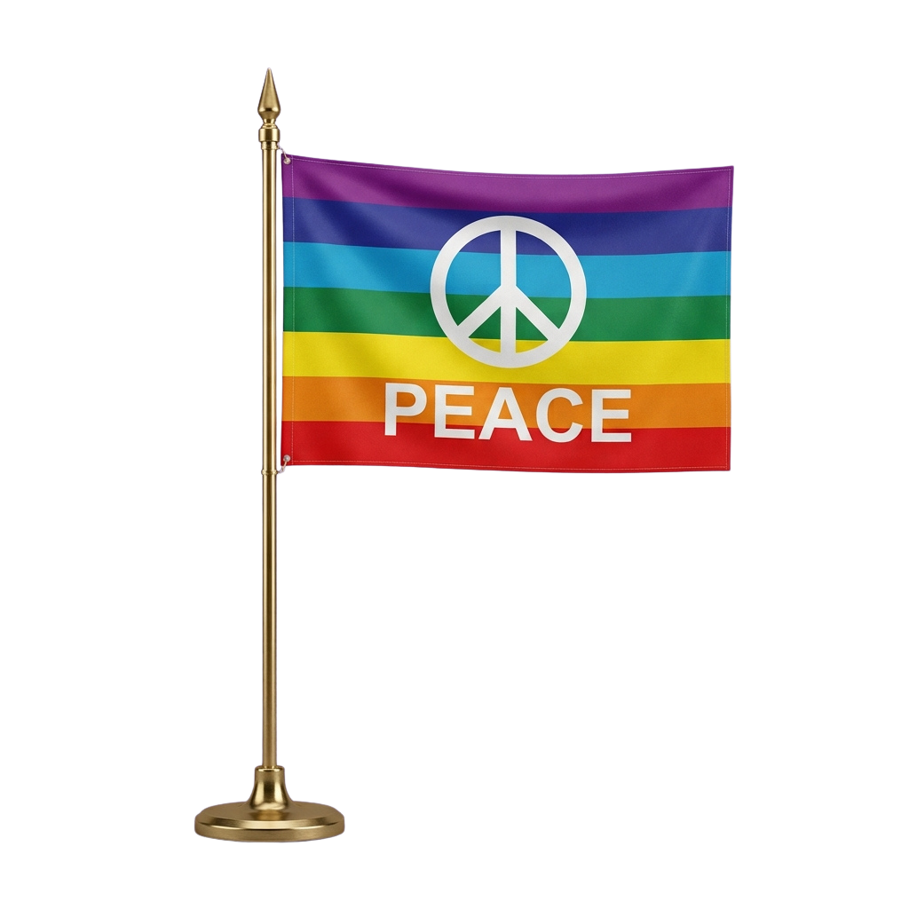 Flag with rainbow stripes displaying a peace symbol and the word PEACE on a brass flagpole