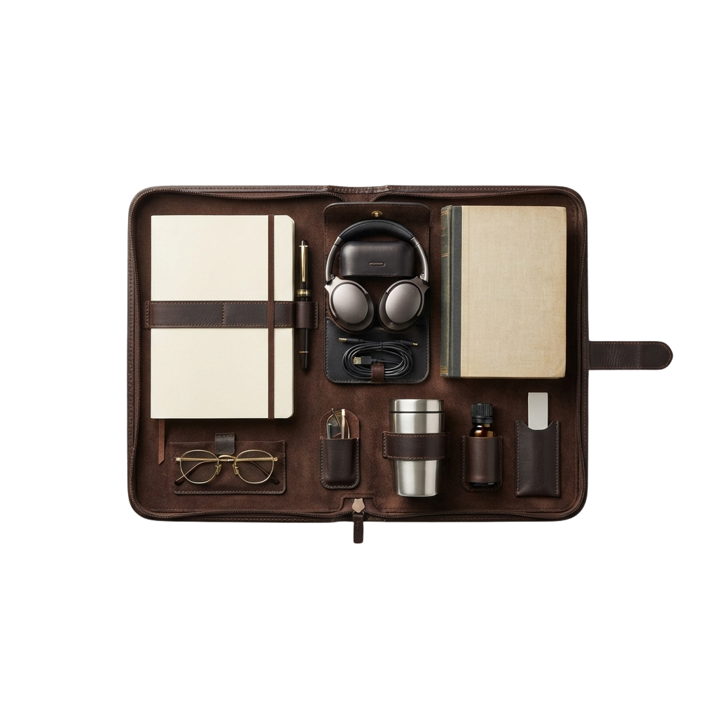 Brown leather organizer containing notebooks, glasses, headphones, pen, travel mug, and small accessories