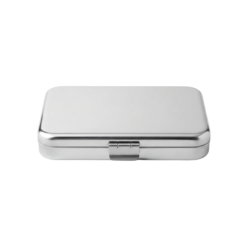 A sleek white rectangular metal box with a central clasp closure