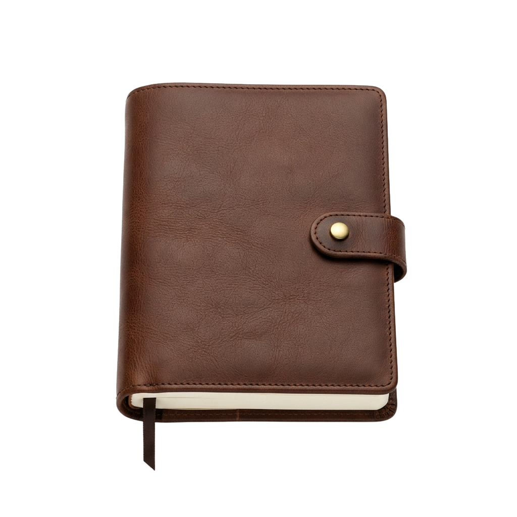 A brown leather-bound journal closed with an elastic band and a button closure