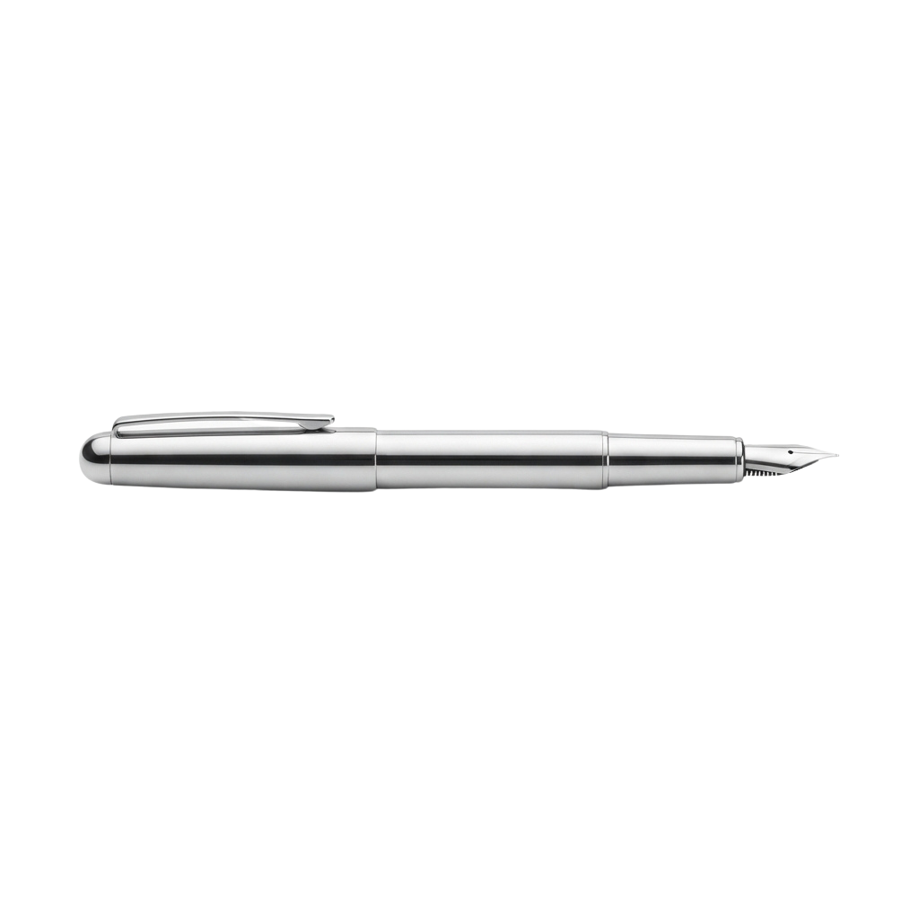 A sleek silver-colored fountain pen with a fine nib and a clip at the top
