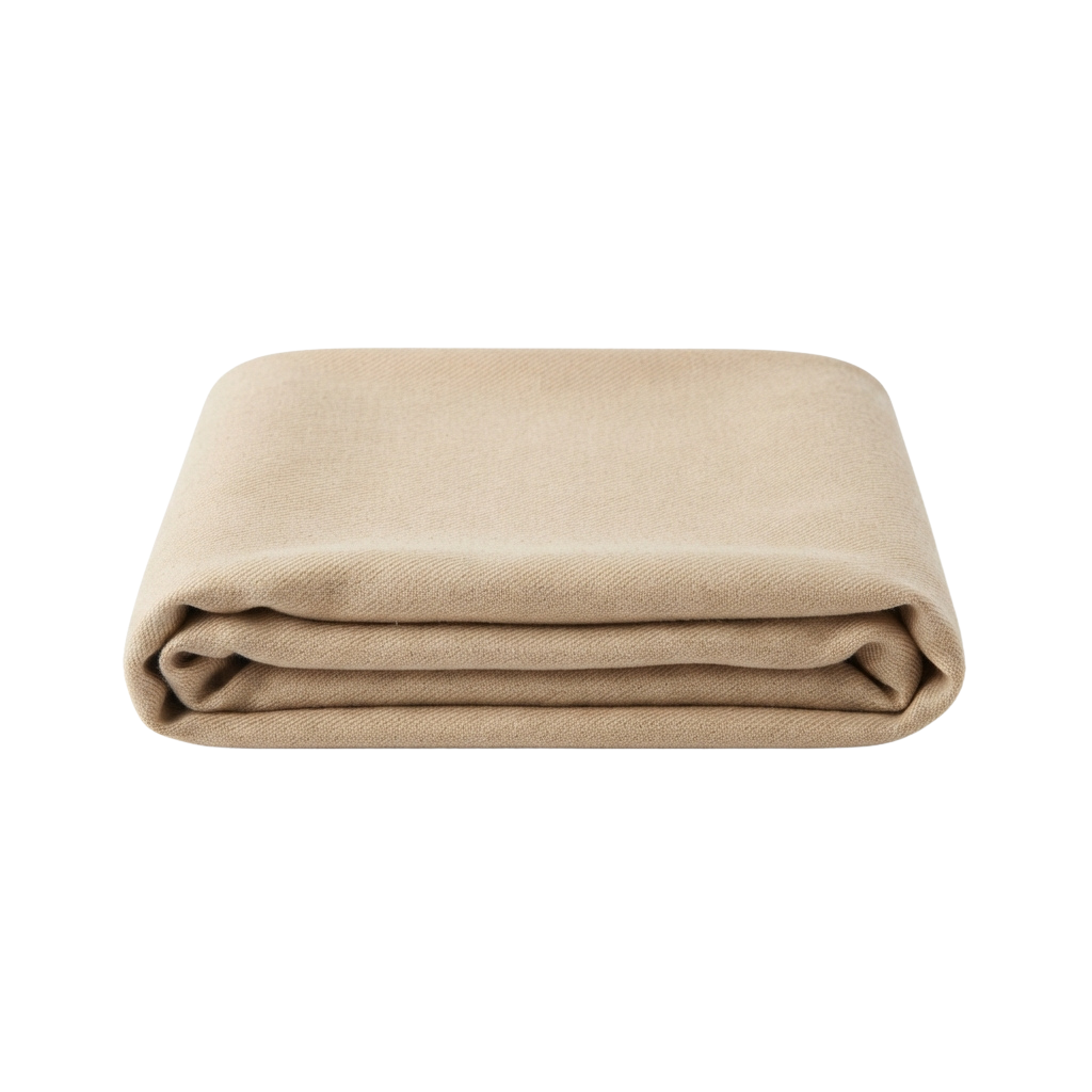 A neatly folded beige cotton blanket displayed against a black background