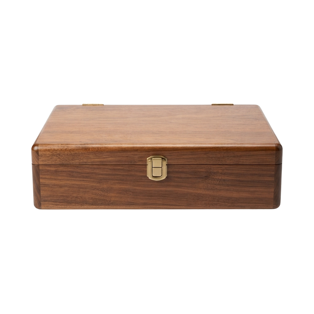 A rectangular wooden box with a brass clasp closure and two brass handles on the lid